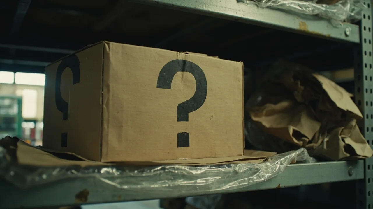A cardboard box with question marks sitting on a warehouse shelf with packing materials