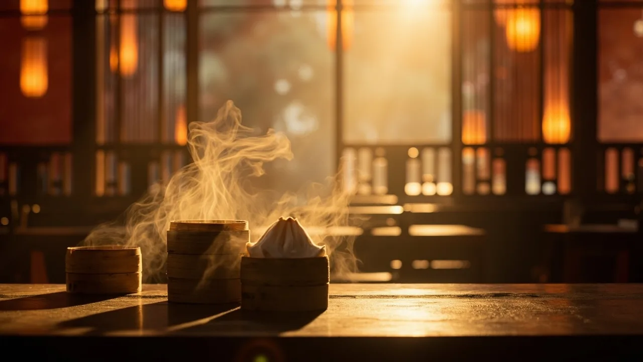 Chinese restaurant interior with dim sum steamers and traditional decorations