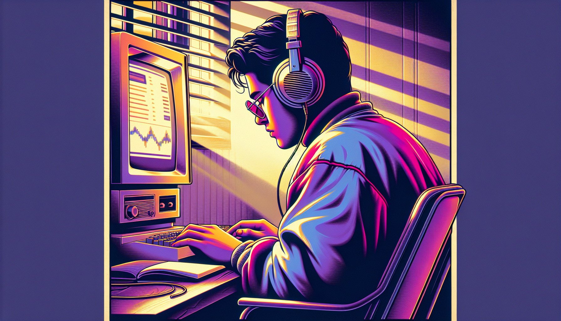 someone listening to music on a computer, make it look like a 90s poster, vintage looking, 4k, high quality